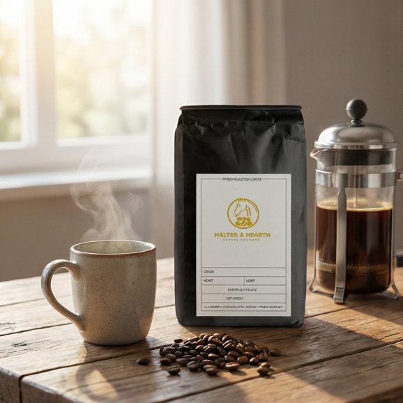 Bag of Halter & Hearth coffee beans with a mug, French press, and coffee beans on a wooden table.