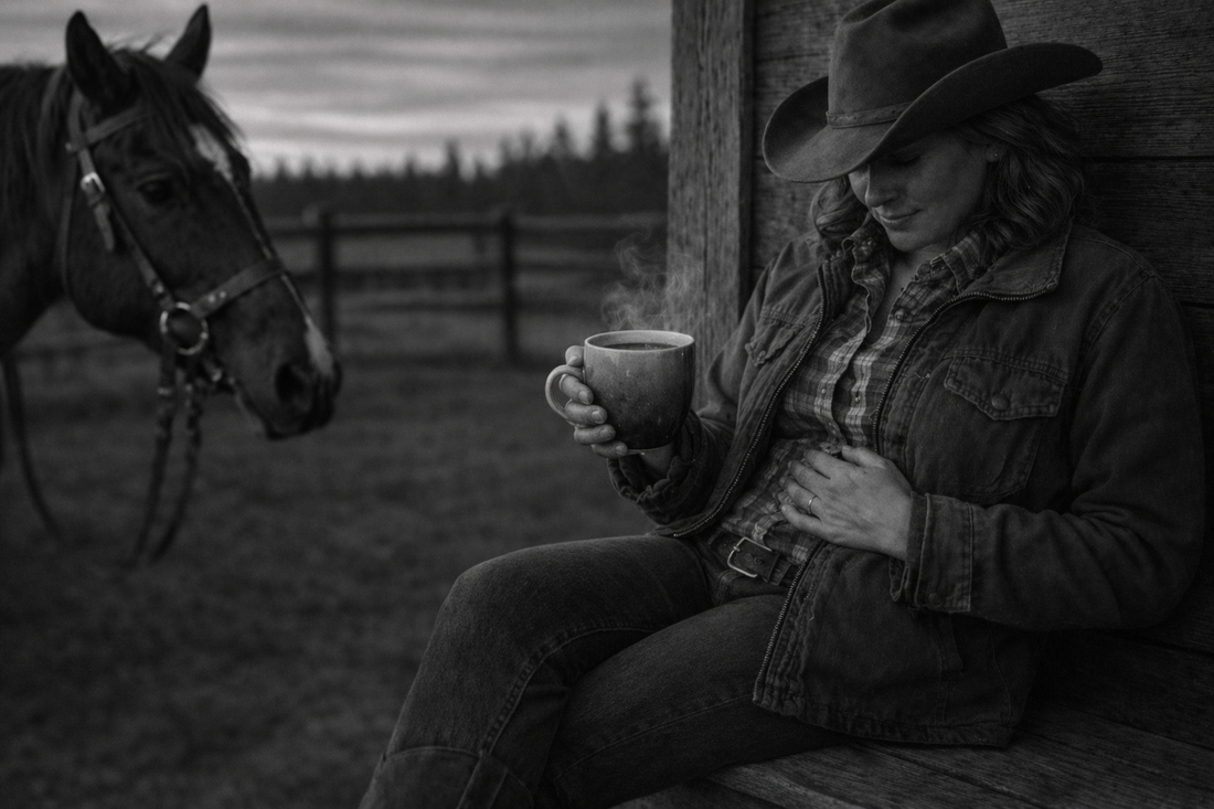 black and white of women in cowboy had and jacket sitting near a barn holding a ceramic coffee mug in one hand and her other hand on her stomach.  A horse to her left.