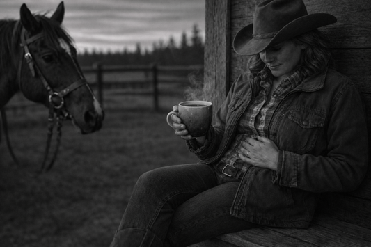 black and white of women in cowboy had and jacket sitting near a barn holding a ceramic coffee mug in one hand and her other hand on her stomach.  A horse to her left.