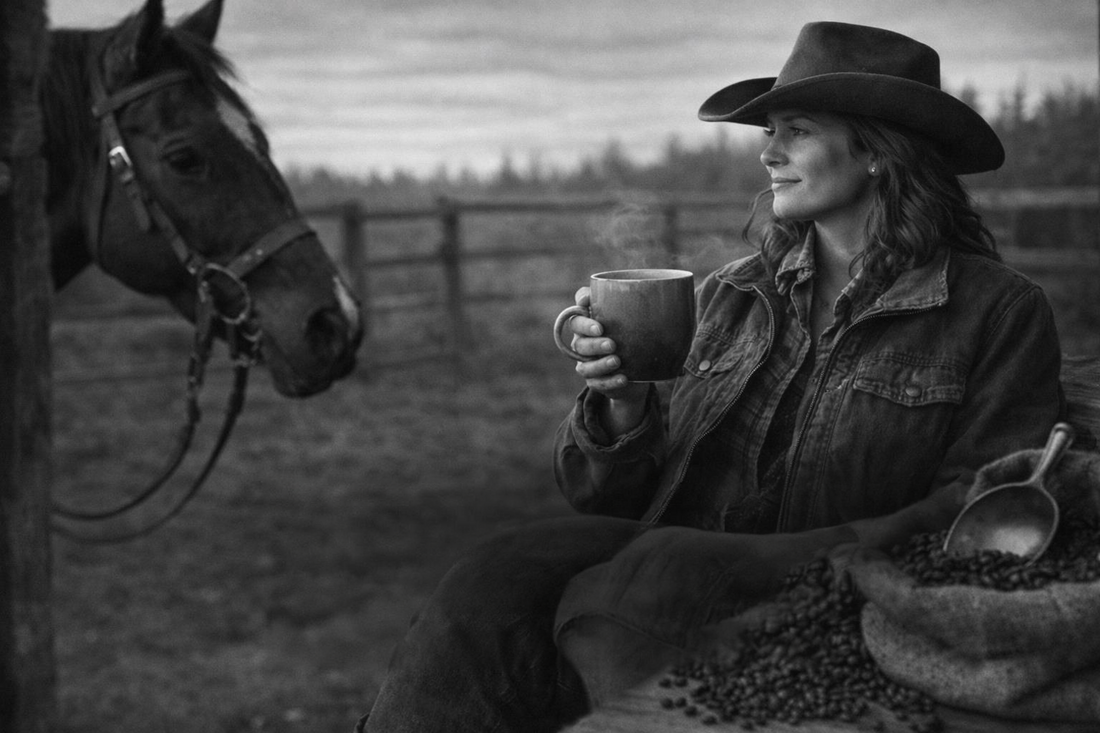 Black and white of a woman weariing a cowboy hat and jacket holding a ceramic cofffe mug, sitting near a field with coffee beans and scoop to her right and a horse to her left