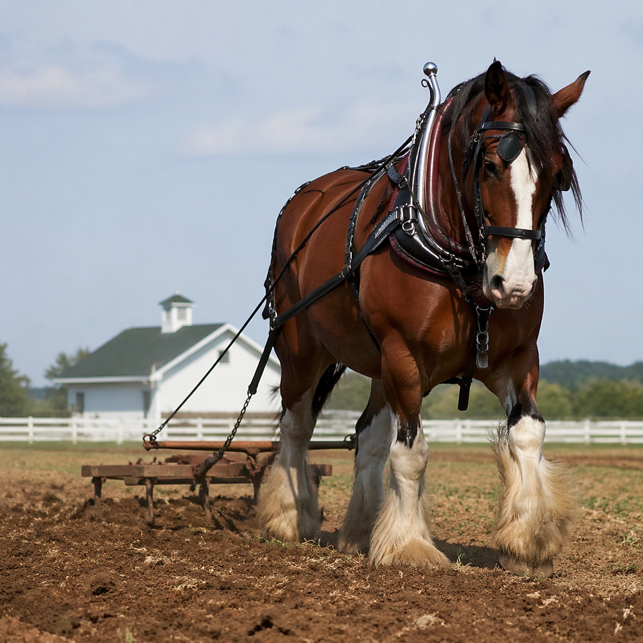 Brown horse with white face and legs plowing a field with a white building in the background.