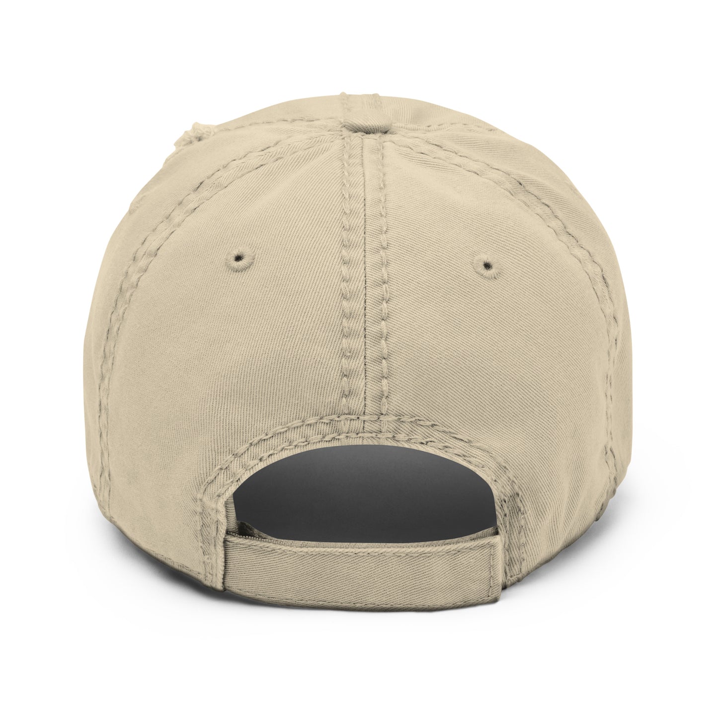 Back of khaki distressed dad hat and white background.