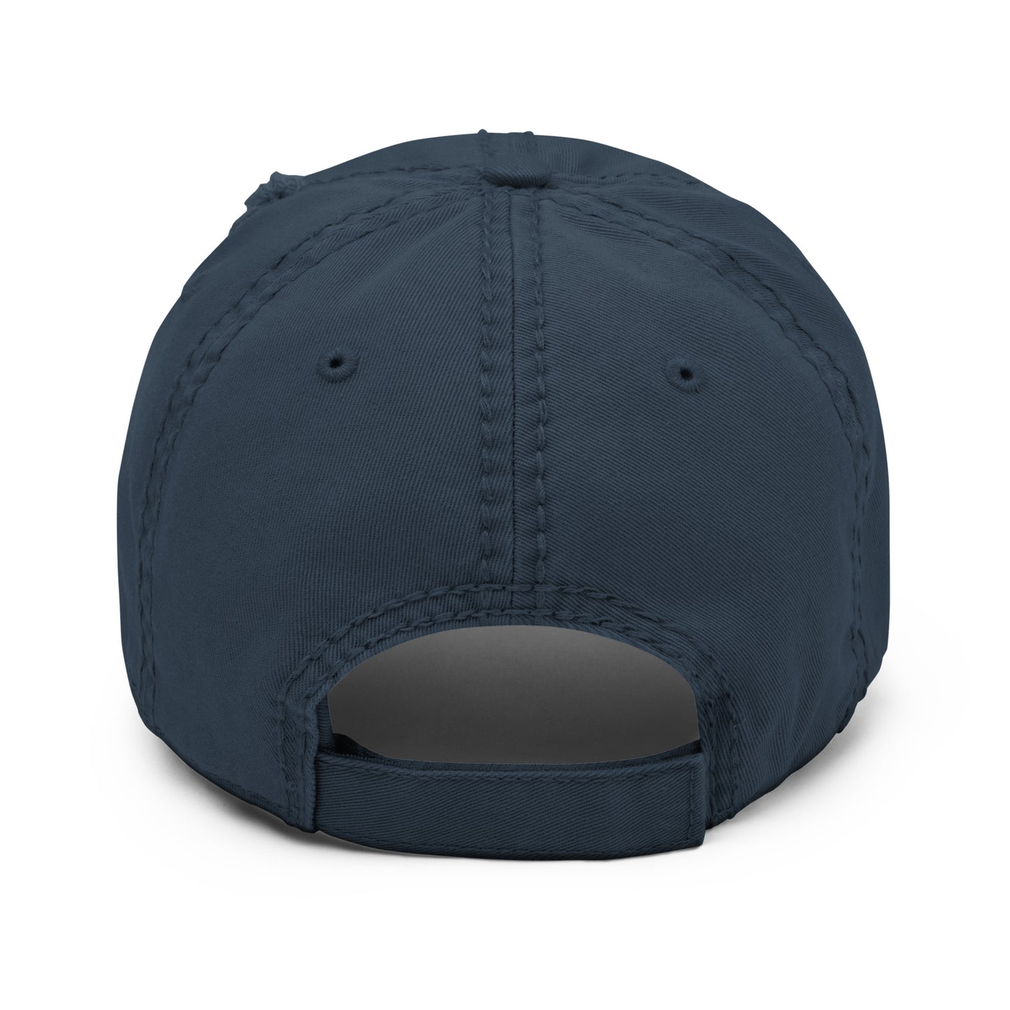  Back of navy distressed dad hat and white background.