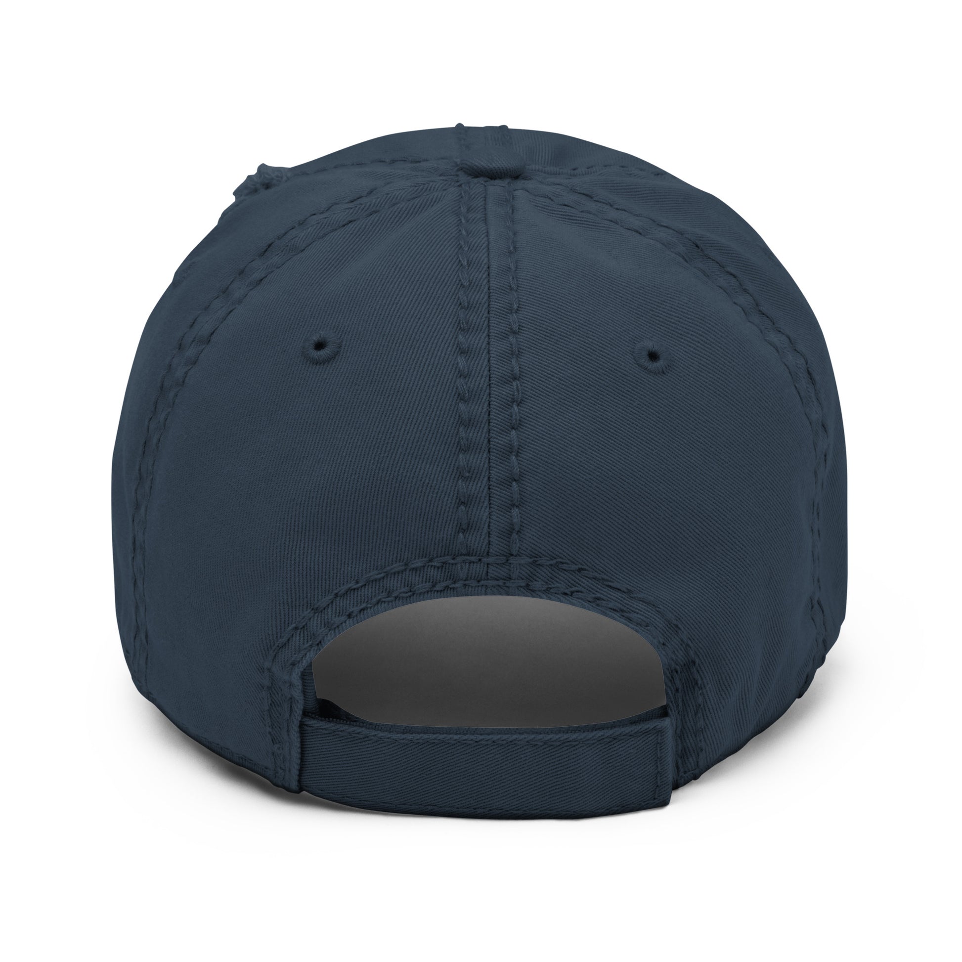  Back of navy distressed dad hat and white background.