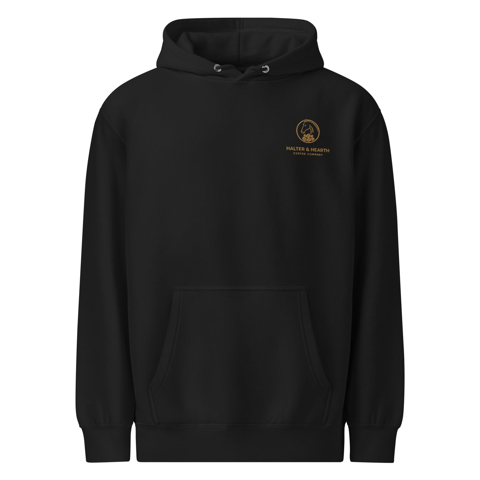 Black Halter & Hearth branded hoodie with gold logo on upper left chest and white background.