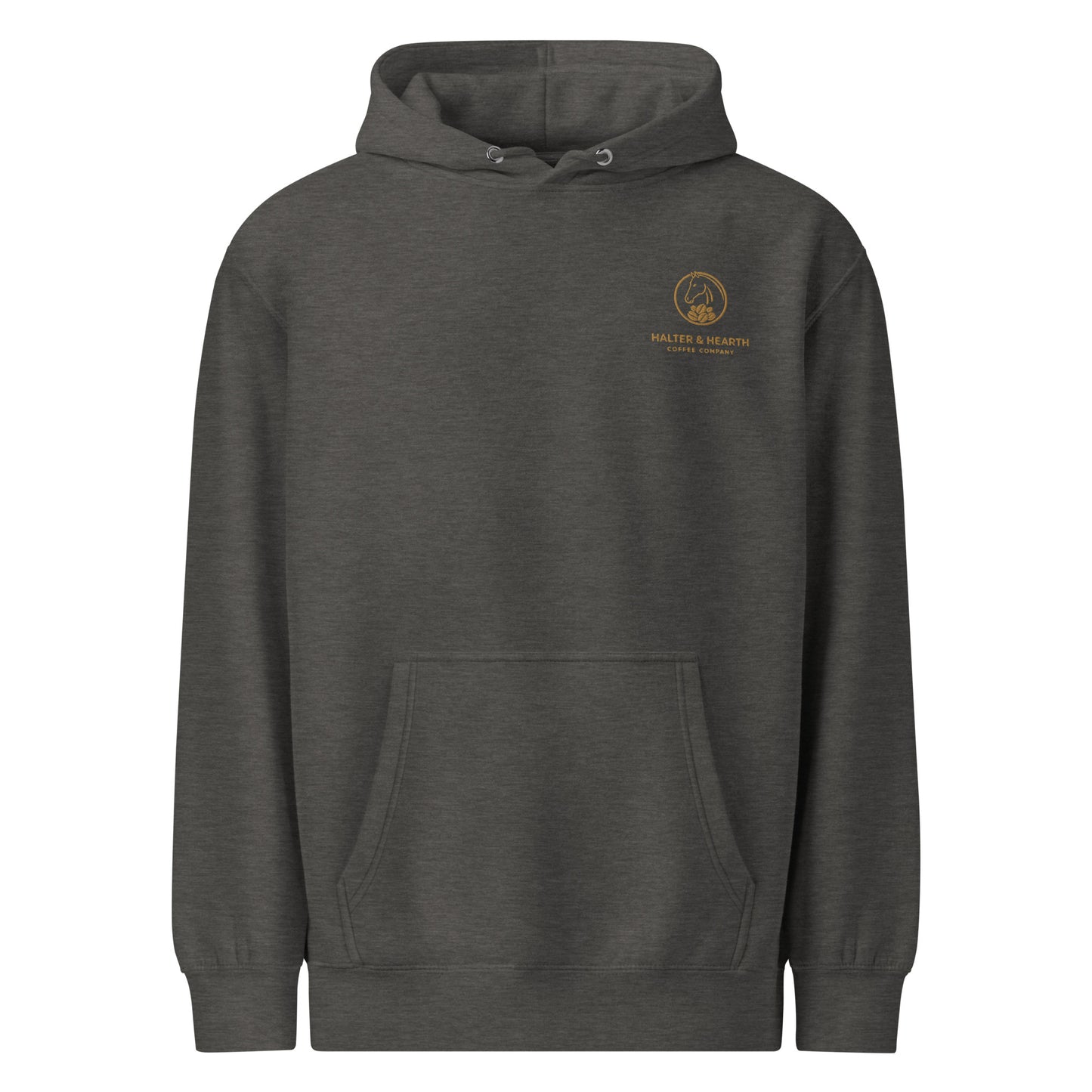 Charcoal Grey Halter & Hearth branded hoodie with gold logo on upper left chest and white background.