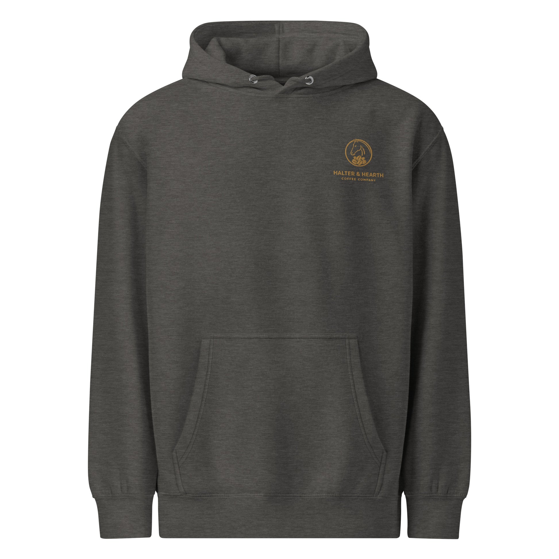 Charcoal Grey Halter & Hearth branded hoodie with gold logo on upper left chest and white background.