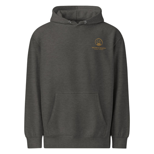 Charcoal Grey Halter & Hearth branded hoodie with gold logo on upper left chest and white background.