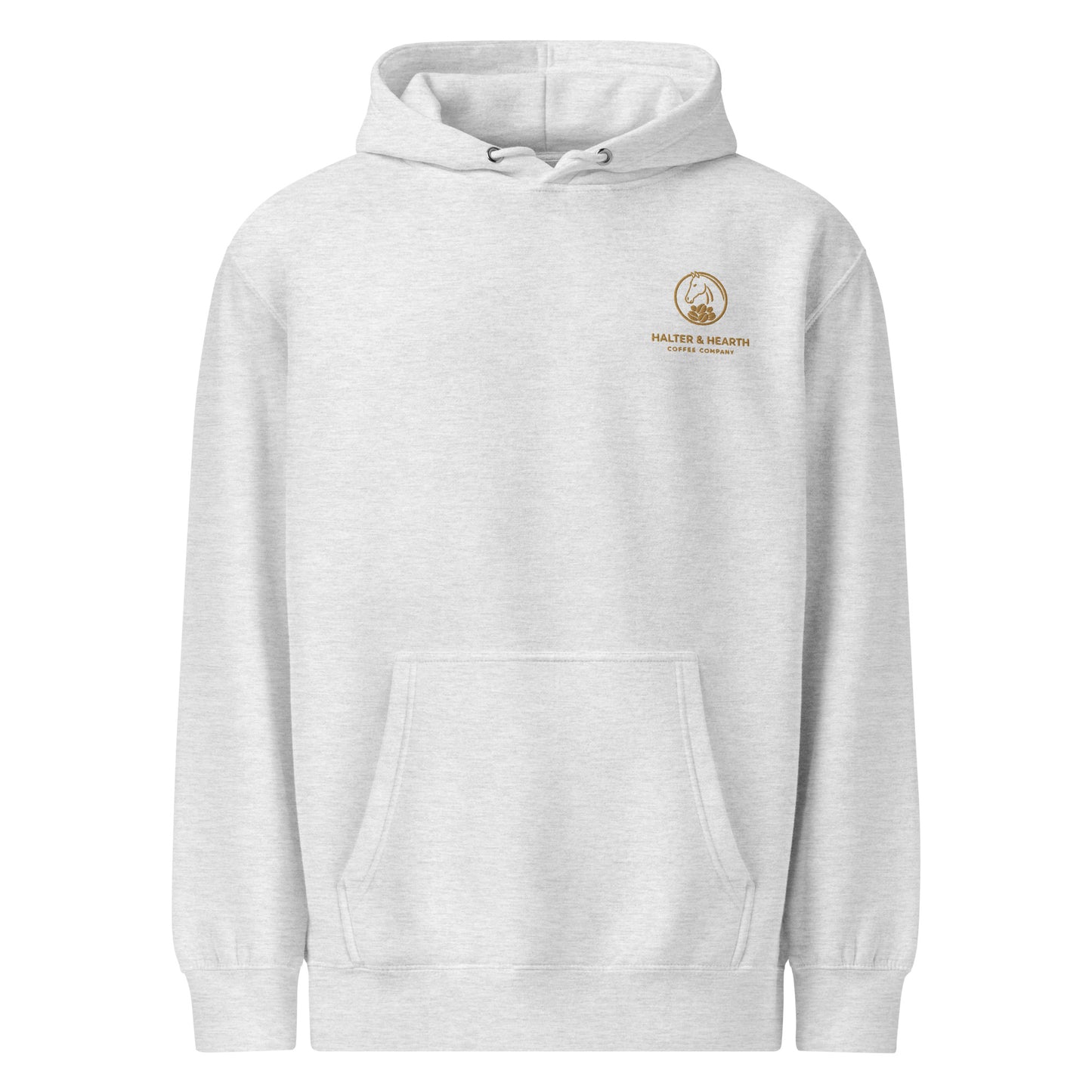 White Halter & Hearth branded hoodie with gold logo on upper left chest and white background.