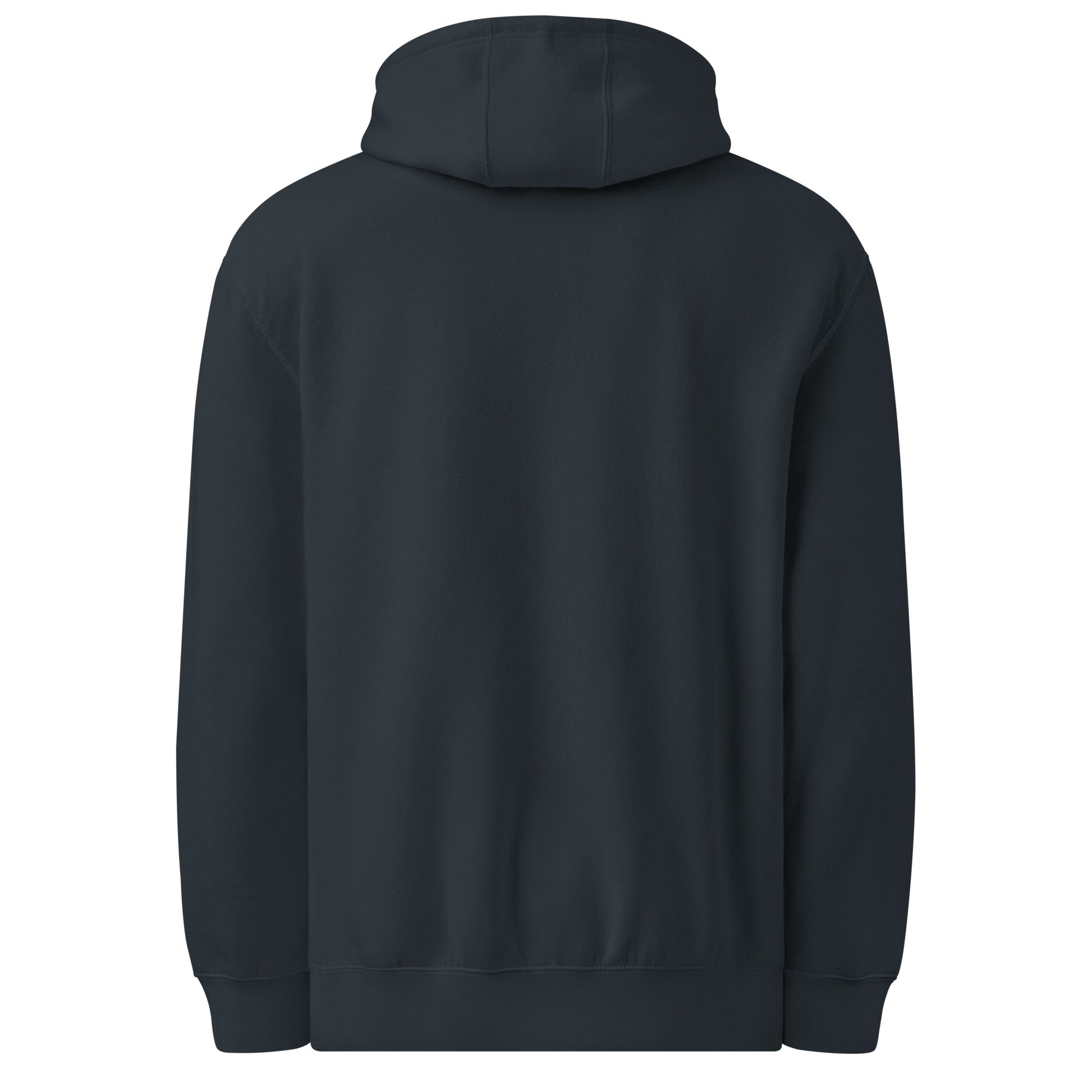 Back side of navy  hoodie with  white background.