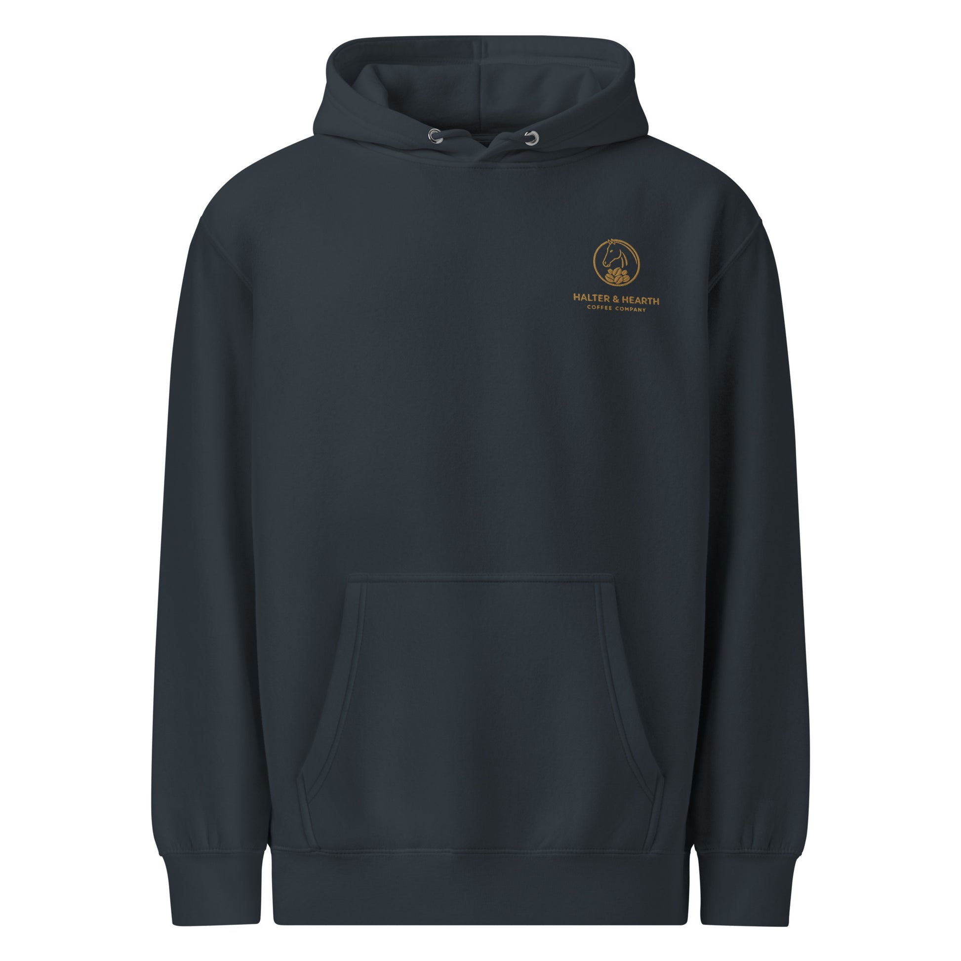 Navy Halter & Hearth branded hoodie with gold logo on upper left chest and white background.