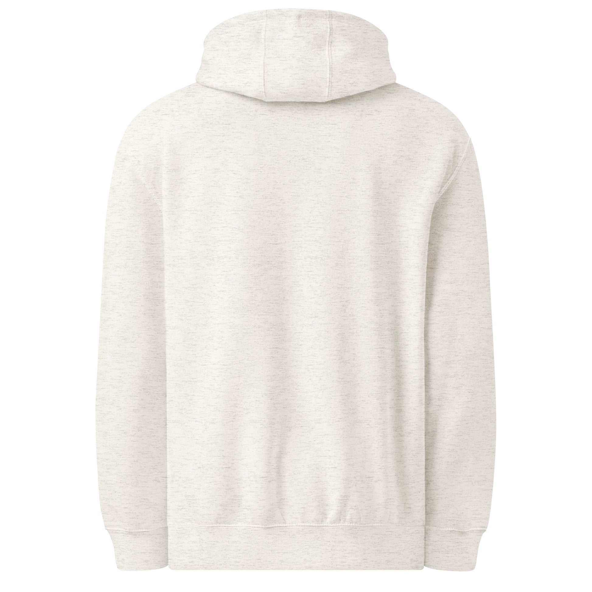 back side of oatmeal hoodie and white background