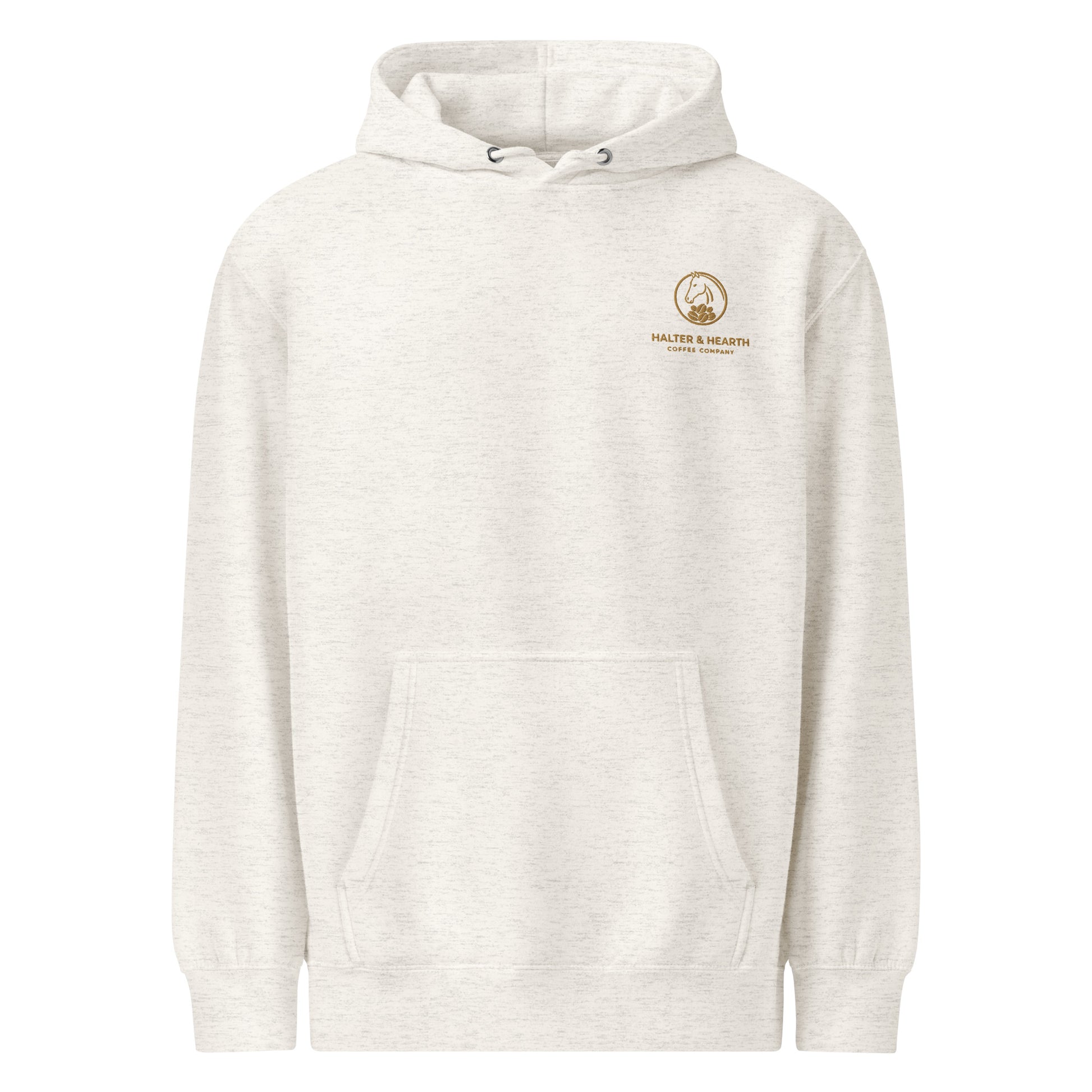 Oatmeal  Halter & Hearth branded hoodie with gold logo on upper left chest and white background.